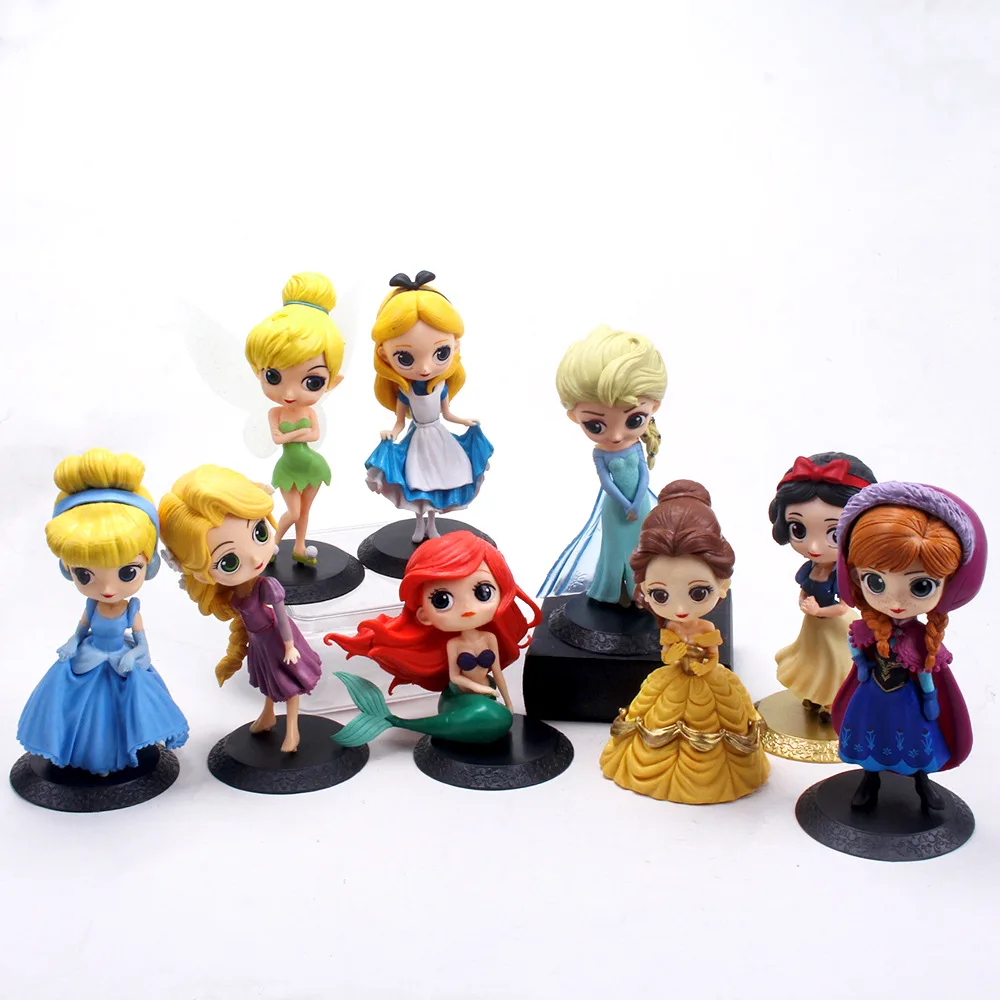 11-15cm Q version Princess Snow White Elsa Anna Rapunzel Jasmine Cinderella Sofia Ariel Mulan PVC Action Figures Model Doll Toys