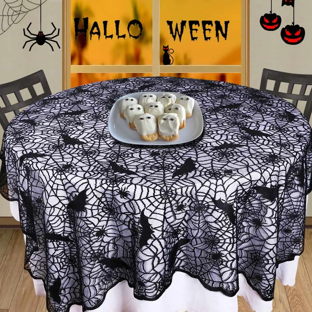 Ourwarm Black Lace Tablecloth Halloween Spider Bats Web Table Runner Home Party Decoration