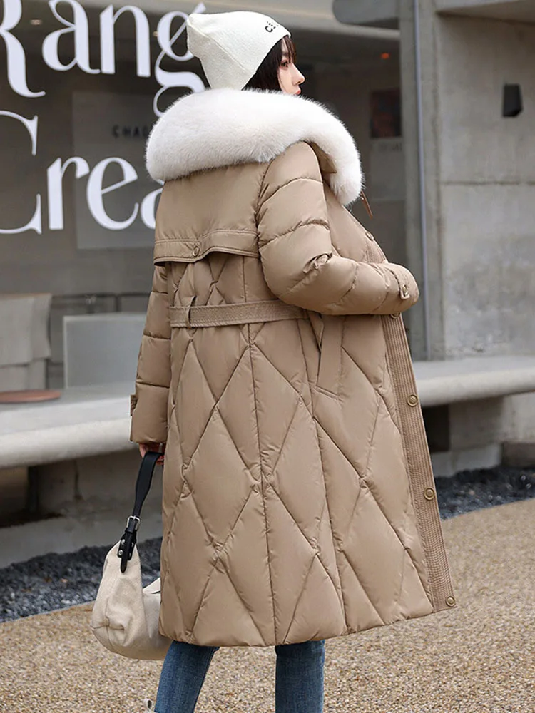 Manteau X-Long en Coton Rembourré pour Femme, Parka Épaisse avec Col en Fourrure Blanche, Vêtement d'Extérieur avec Ceinture, à la Mode, Hiver 2024