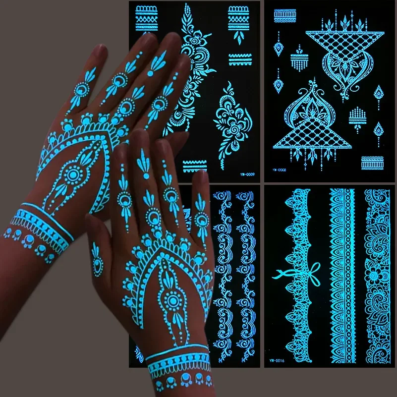 Glow In The Dark Temporary Tattoo Stickers Blue Luminous Henna Tattoo Decal for Girls Women Flower Sexy Lace Fake Art Sticker