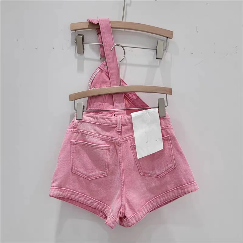 Sweet And Cool Spicy Girl One Shoulder Denim Backband Shorts Women's Age Reducing And Slimming A-Line Wide Leg Pants Jumpsuit