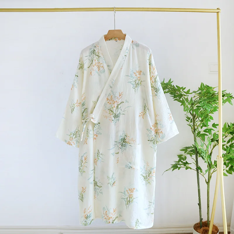 Spring Cotton Crepe Pajamas Double-layer Gauze Bathrobes for Women Bamboo Print Home Clothing Long Sleeve Japanese Kimono Robe