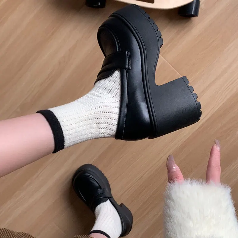 

JK Uniform Thick Heel Chunky Black Loafers Women's Fashion Single Shoes Spring Autumn Season Color Rubber Outsole