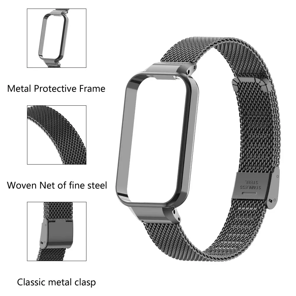 Suitable for Redmi Band 2 watchband, stainless steel mesh watchband metal protection frame Redmi Band 2 replacement band