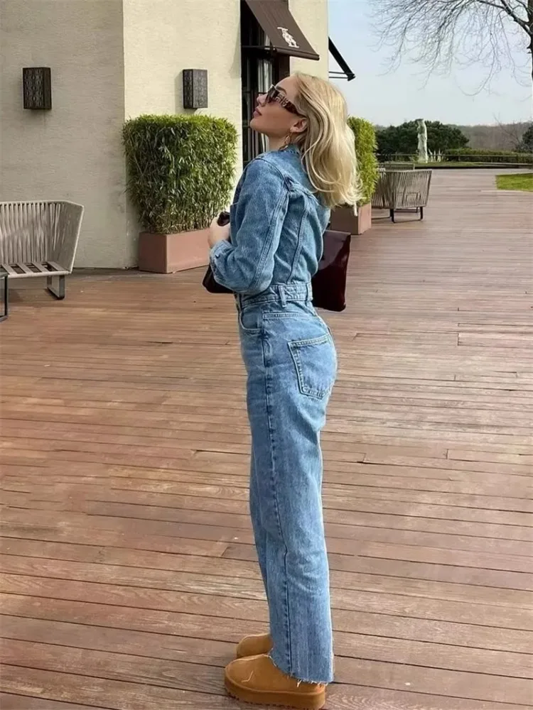 الخريف الأوروبية والأمريكية دعوى طوق جيب سليم مستقيم الساق السراويل الأزرق الدنيم بذلة المرأة الربيع و