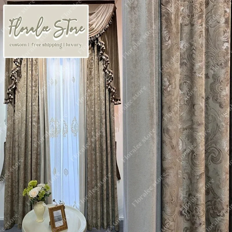 New European American Gold-stitching Velvet Luxury Curtains For Living Room Bedroom Dining Villa High Windows Decoration Drapes