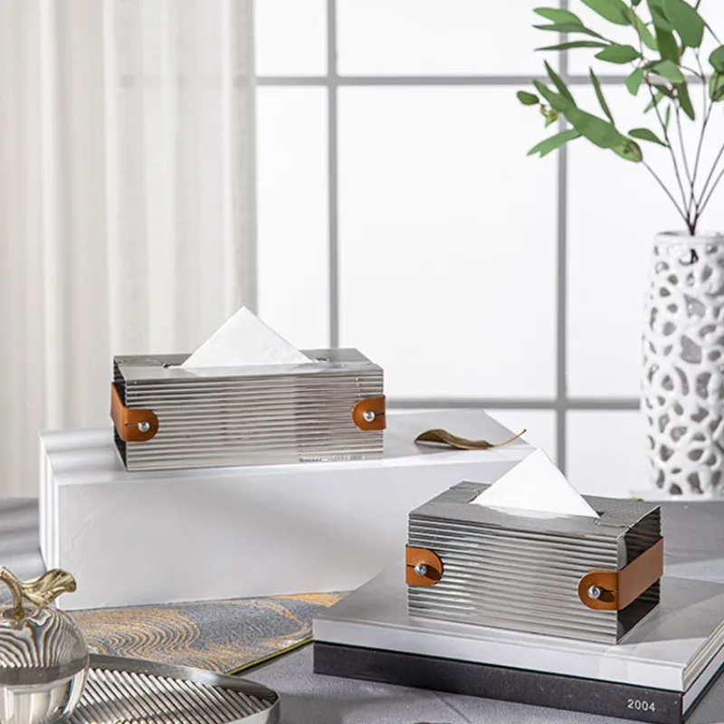 Light luxury modern stainless steel leather tissue box living room entrance bedroom bathroom home soft pumping carton ornament