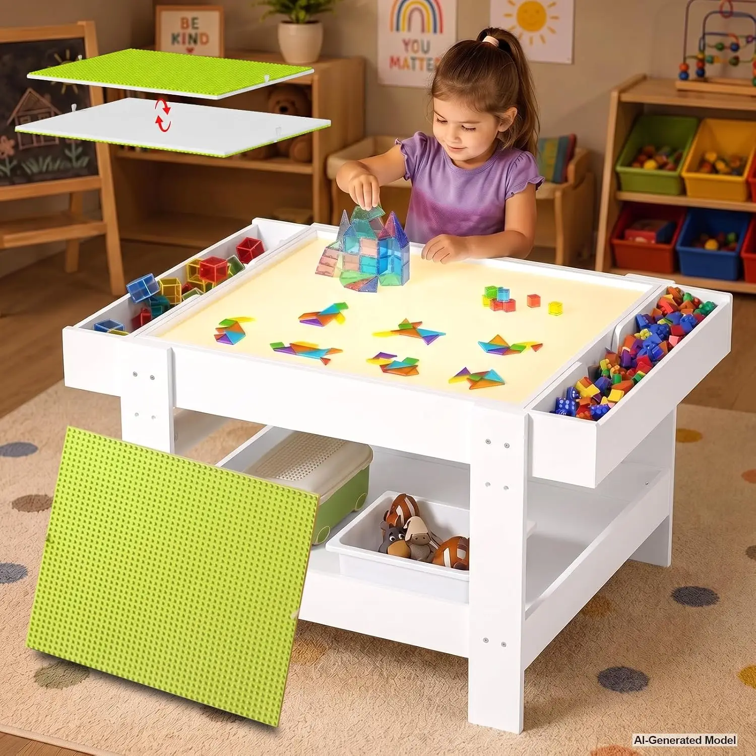 5-in-1 Kids Activity Table with Reversible Block & Paint Surface, 3-Color Light Box, Storage for Preschool Playroom, Customized
