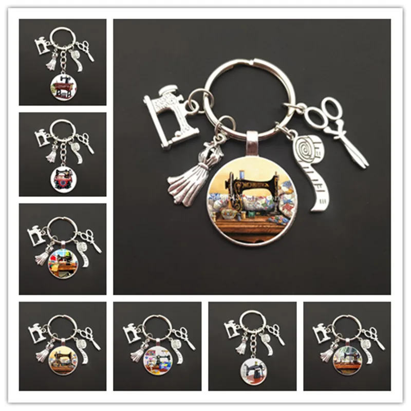Neue Mode Nähen Maschine Öl Malerei Glas Keychain Schere Maßband Kleidung Keychain Eine exquisite geschenk für freunde