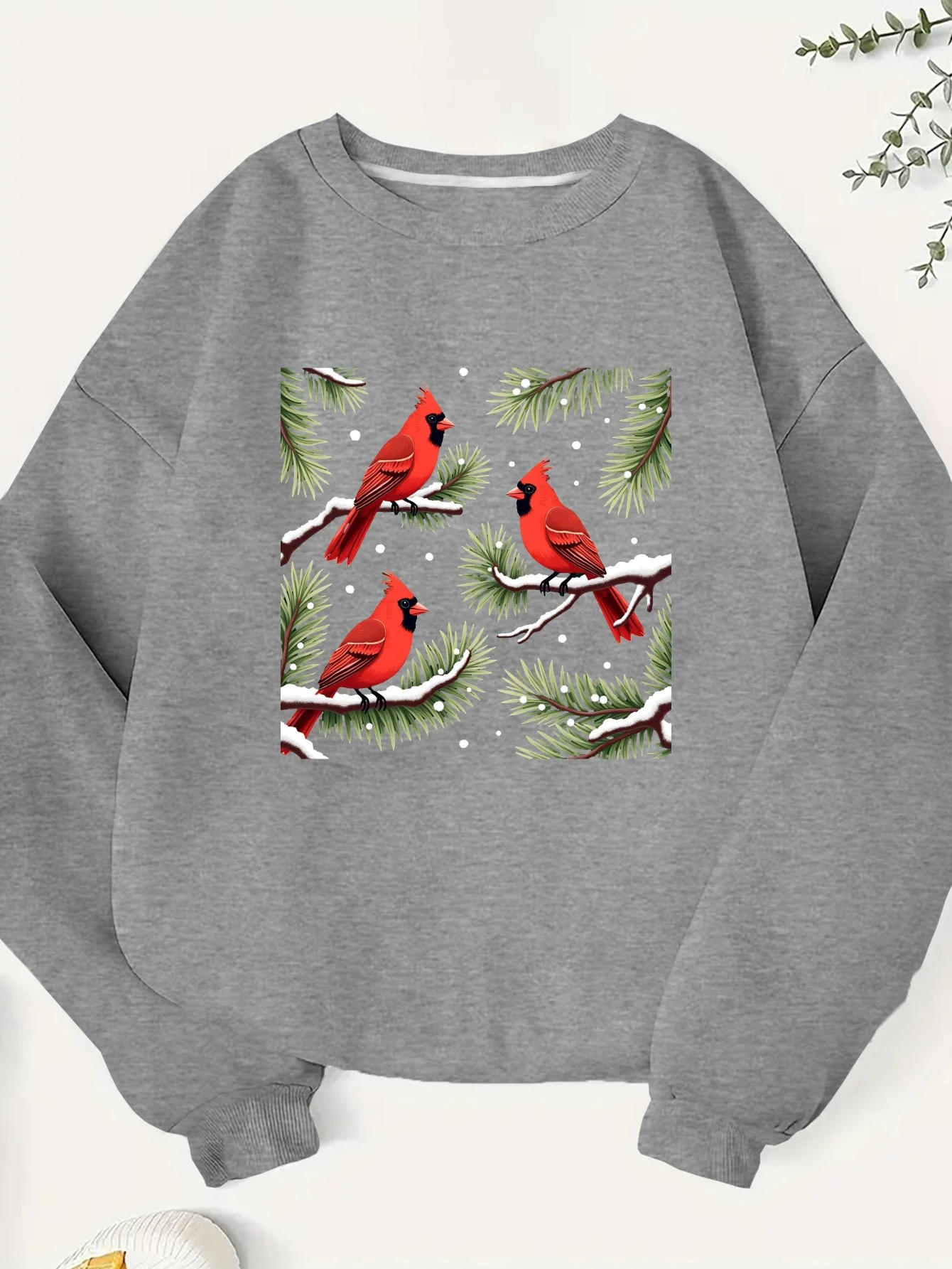 Large Size-Large Size Women's Winter Sweatshirt-Rich Green Background with Red Cardinals-Tec Pullover