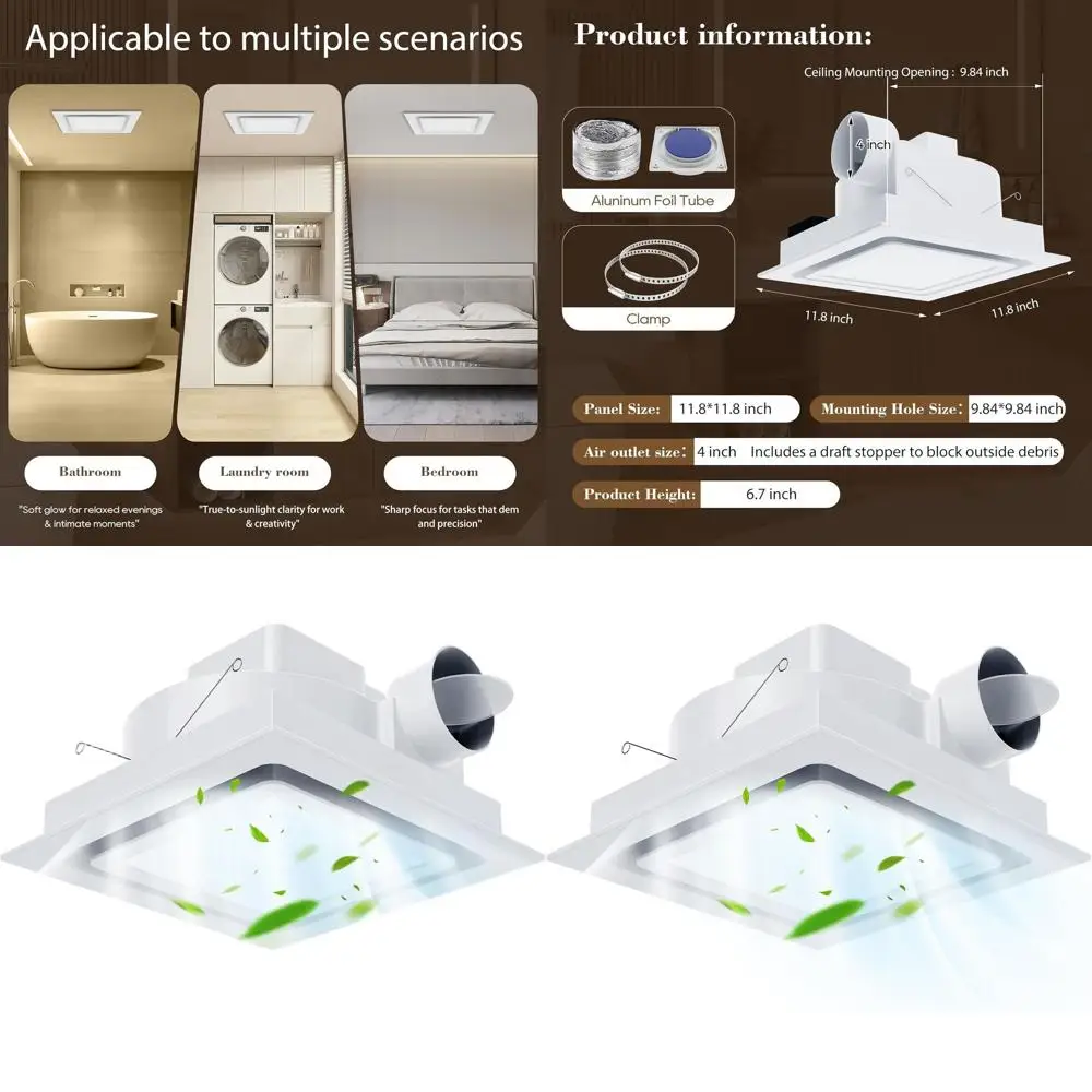 

12 Silent LED Bathroom Exhaust Fan with 6500K Light, 1.0 Sone, 120 CFM, 10x10 Mount, 1500 LM, Energy-Saving