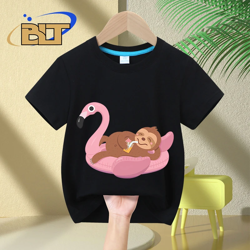 

Chilling Sloth on Flamingo Float printed kids T-shirt summer pure cotton short-sleeved casual tops for boys and girls