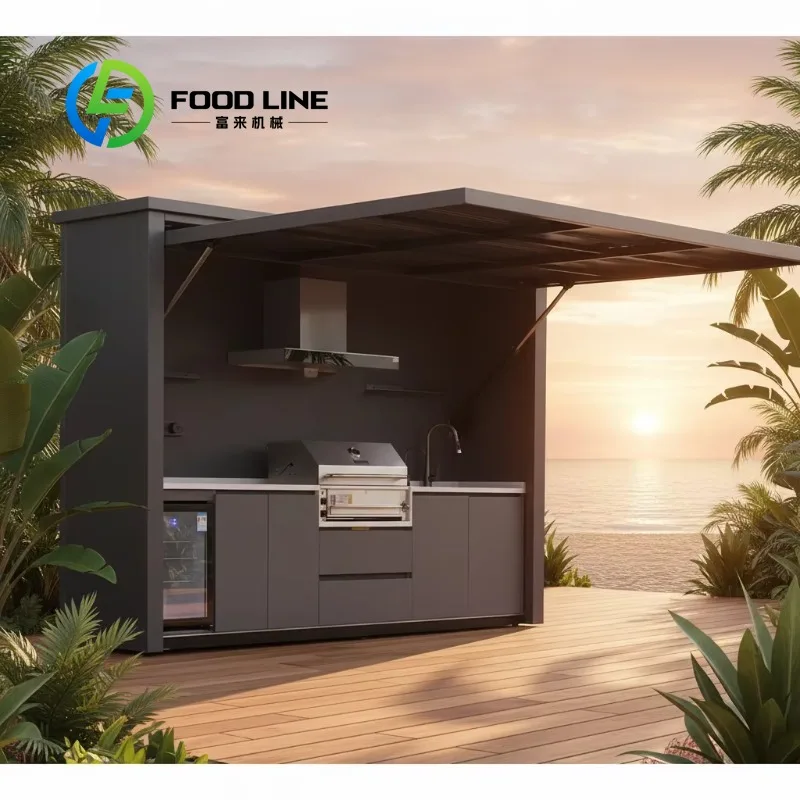 Customized L-Shaped Aluminum Outdoor BBQ Kitchen Shelter with Roof Bar Counter Patio Charcoal Grill Furniture Set