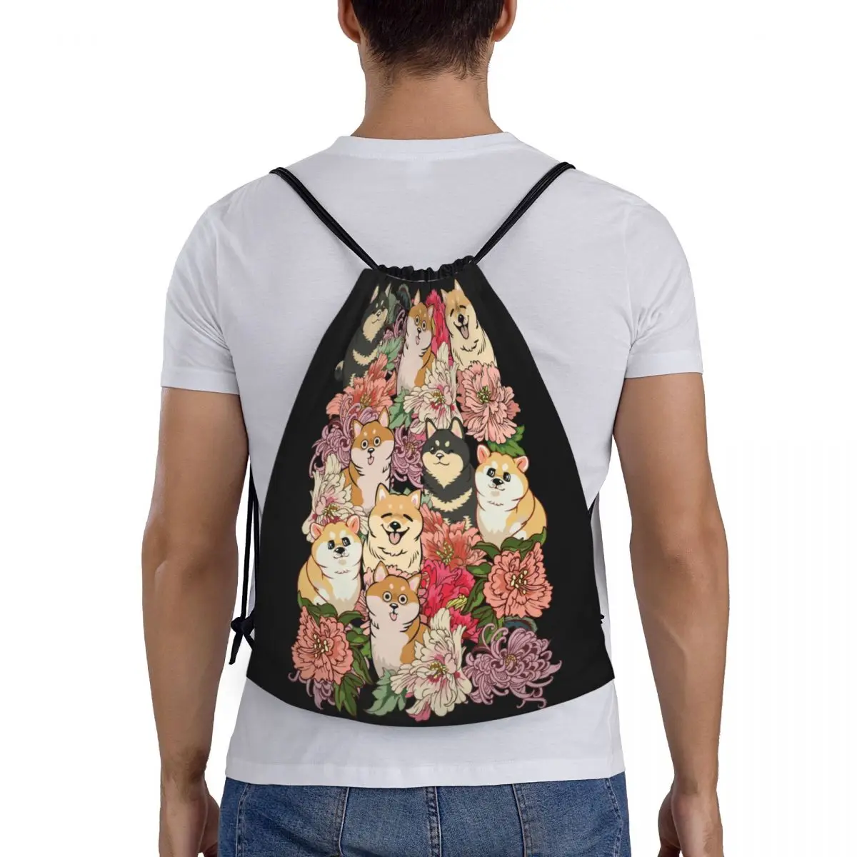 Saco de Cordão com Cão e Flor Estampado para Homem e Mulher, Cordão, Portátil, Ginásio, Desporto, Kawaii, Japonês, Compras, Mochilas De Arrumação