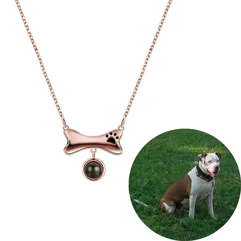 Custom Projection Photo Neckalce Dog Bone Skeleton Shaped Stainless Steel Projection Jewelry For Pet Gift