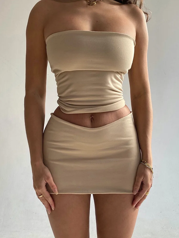 Solid Sleeveless Folds Tube Crop Top Skirts 2 Piece Matching Set Summer Fashion Streetwear Beach Clothing Drop Shipping