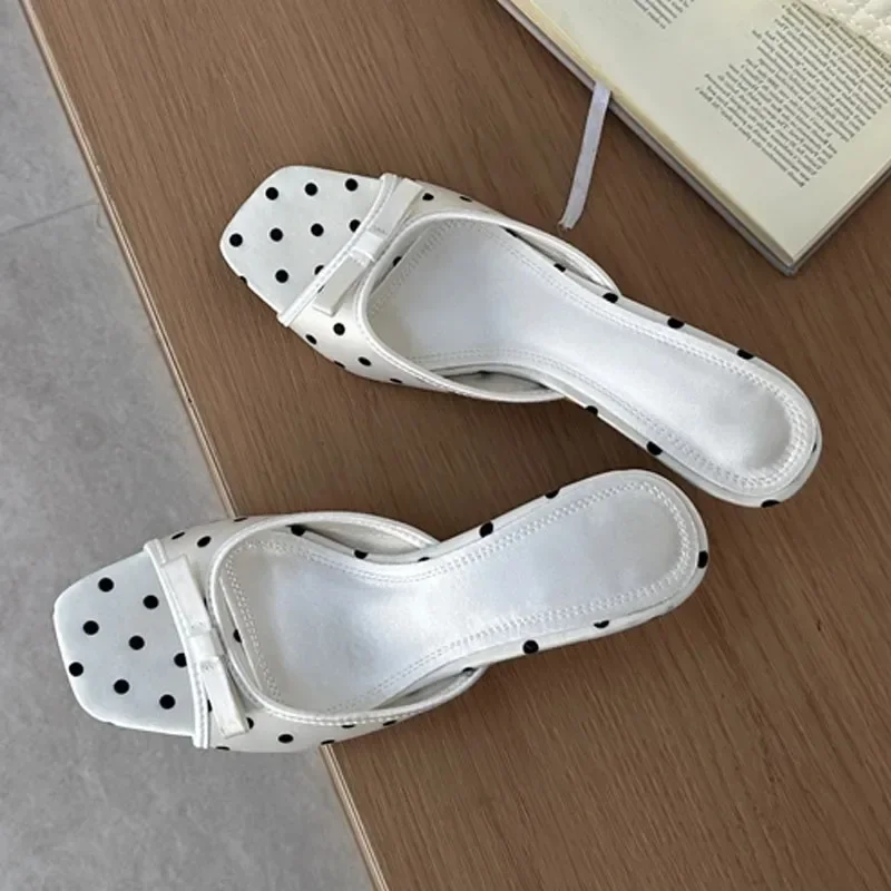

Aneikeh Fashion Women Polka Dot Satin Slide Sandals Square Toe Bow Low Heels Slippers Summer Casual Outdoor Casual Beach Shoes