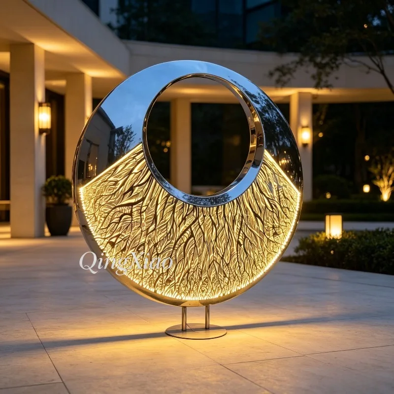 Mirror Polished Leaf Vein Double Ring Stainless Steel Sculpture, LED Glowing Hollow Art Decor For Outdoor Garden Courtyard Park