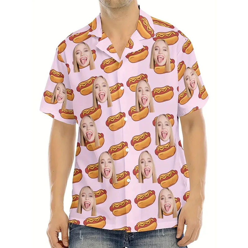 Hawaiian Custom Avatar Hot Dog 3D Printed Shirts For Unisex Funny Birthday Gift Personalized DIY Photo Blouses Women Couple Tops