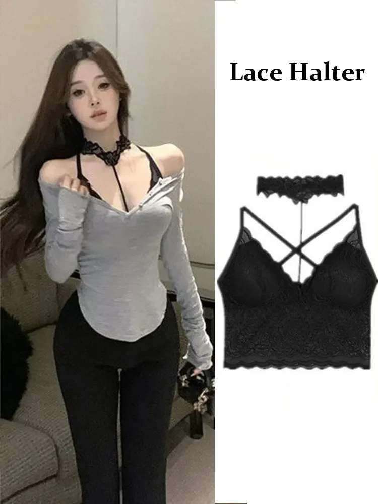 

Сексуальный кружевной комплект из 2 предметов с открытыми плечами и длинными рукавами, женская футболка с лямкой на шее, корсет, топ на бретельках, базовая блузка, вечерняя верхняя одежда для вечеринок