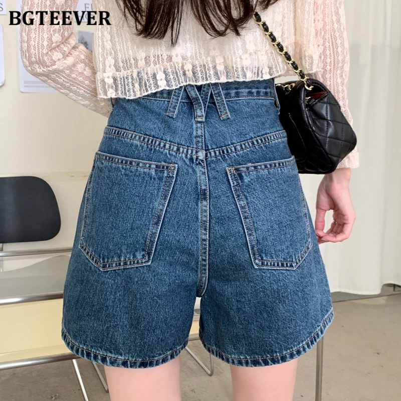 BGTEEVER Summer High Waist Button Female Denim Shorts Casual Loose Pockets Wide Leg Jeans Shorts for Women