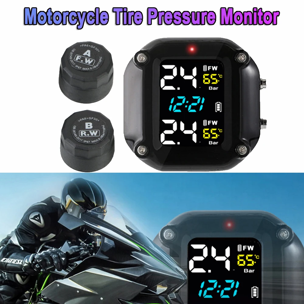 

Motorcycle Tire Pressure Sensors Moto TMPS Tire Pressure Temperature Monitoring System with 2 External Sensors for Motorbike