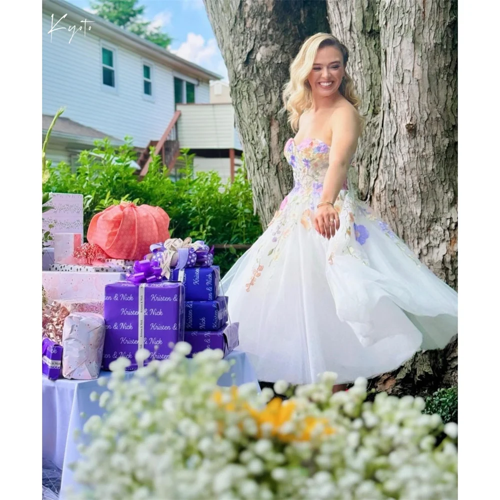 

Kyoto White Appliques Floral Wedding Dresses A-line Strapless Customizedفساتين سهرات Ankle-Length Elegant vestidos de novia