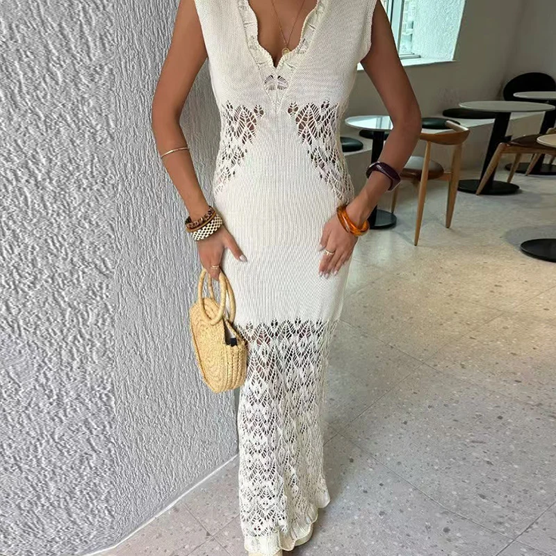 

Spring Summer Women Suspender Dress Sexy V Neck Jacquard Crochet Hollow Beach Dress Fashion Sleeveless See-through Bodycon Dress