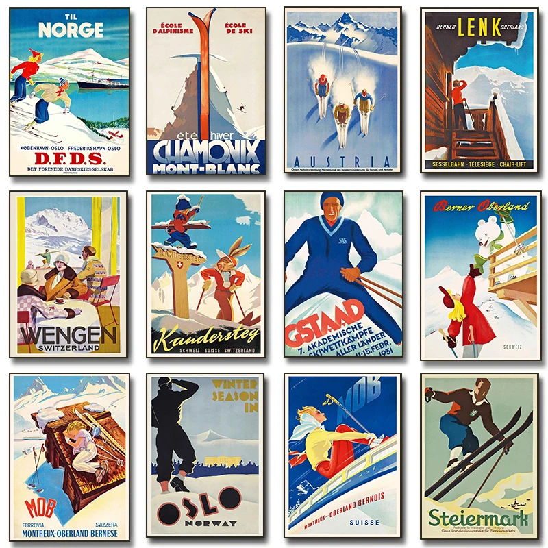 Vintage Ski Posters Classic Snowboarder Travel Winter Suisse Alps Prints Canvas Painting Wall Art Picture Home Living Room Decor