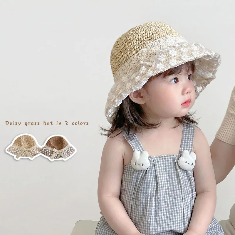 

MILANCEL New Summer Baby Straw Hat 8M-3T Sweet Lace Flower Kids's Cap Sunscreen Children's Bucket Hat
