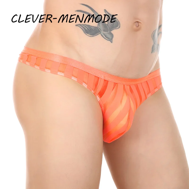 CLEVER-MENMODE Sexy Men\'s Underwear Transparent See Through Striped Thong Breathable Mesh Bikini U Convex Bulge Pouch Panties