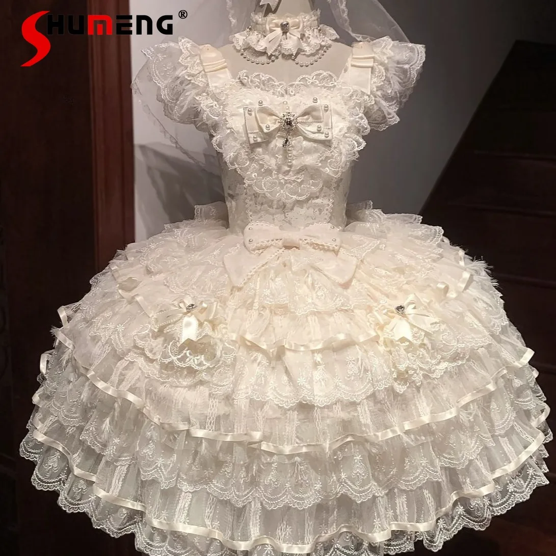 

Japanese Style Elegant Sweet Princess Dress Square Neck Flying Sleeves Lace Splicing Bow High Waist Puffy Lolita JSK Dress Women