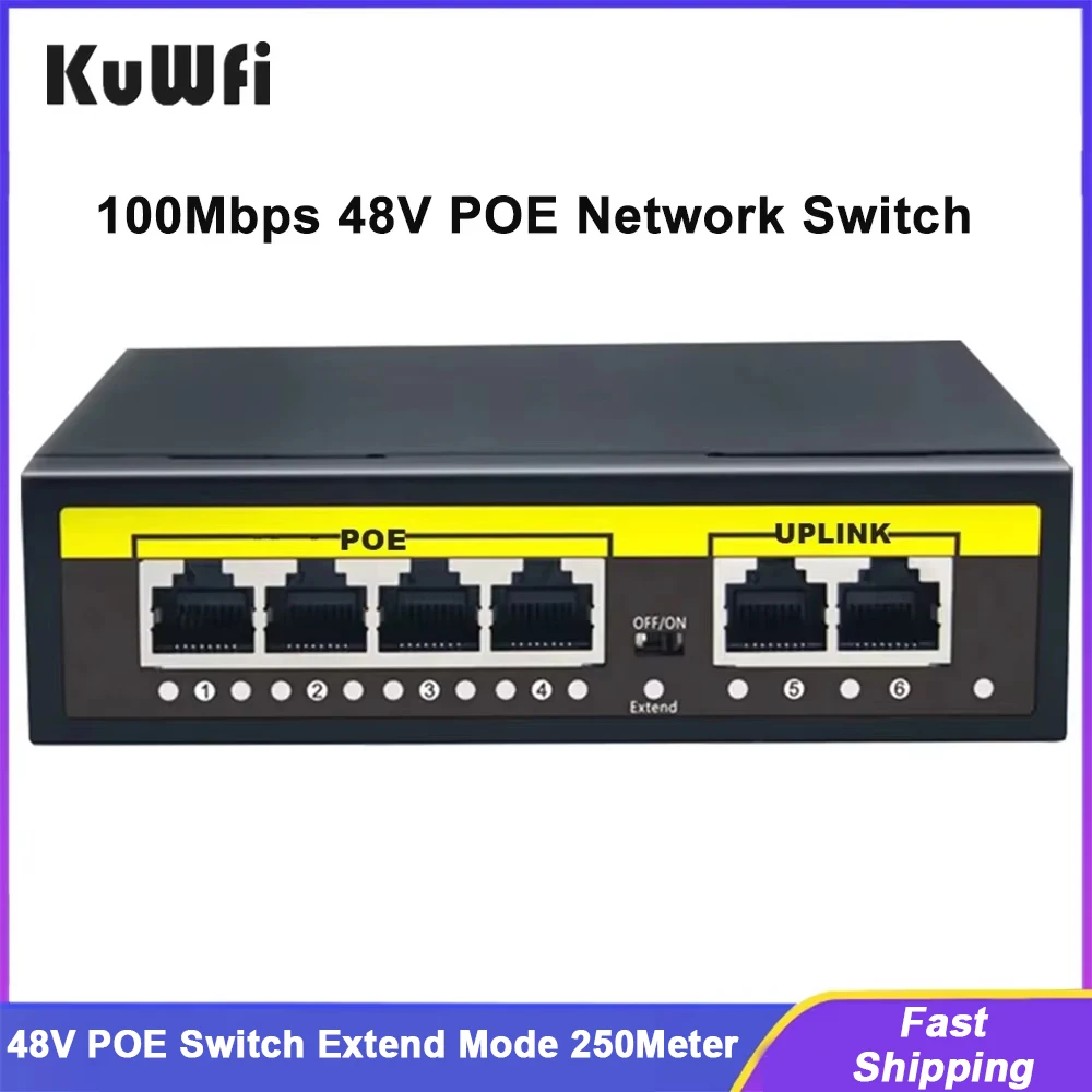 KuWFi POE Switch 48V 100Mbps สมาร์ท IP Switch 4/8 พอร์ต POE มาตรฐาน RJ45 Switcher ขยาย 250 เมตรสําหรับกล้อง IP/Wireless AP/กล้องวงจรปิด