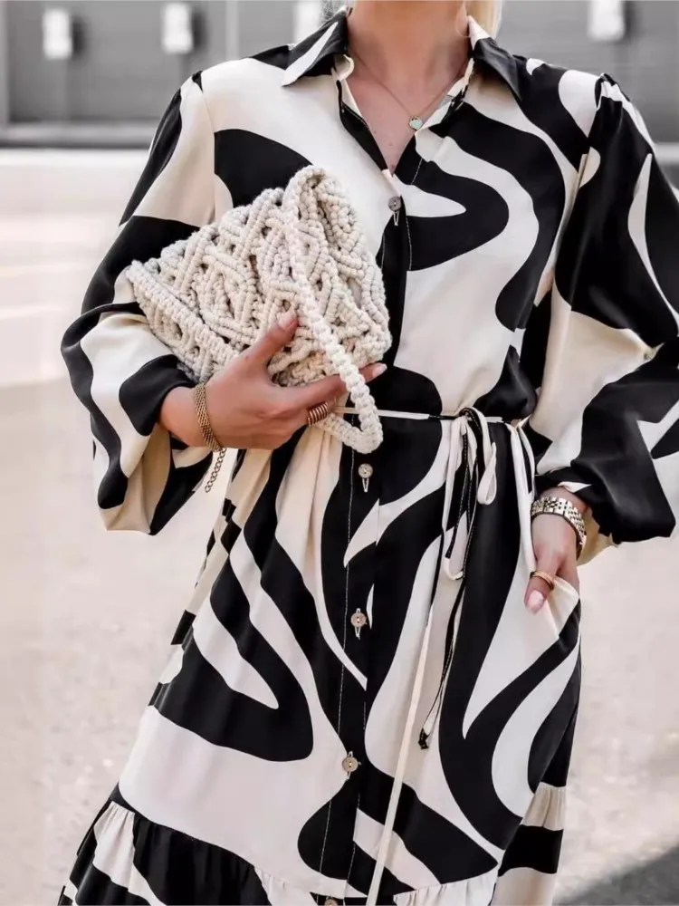 Woman's Casual Print Long Dress Autumn Female Fashion Turn-down Collar Long Sleeve Button Shirt Dresses Ladies Lace-up Vestido