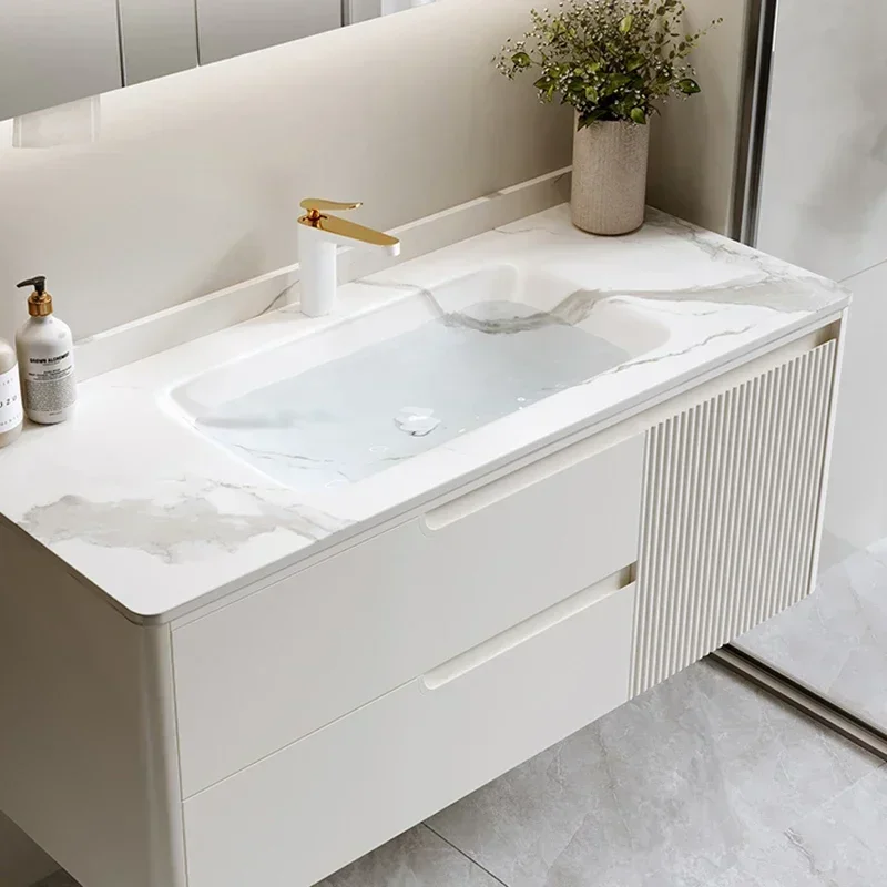 yu-1 Nordic Cream Style Smart Bathroom Cabinet Vanity with Sink Shelves Storage Mirror Cabinets Simple Furniture Arredo Bagno