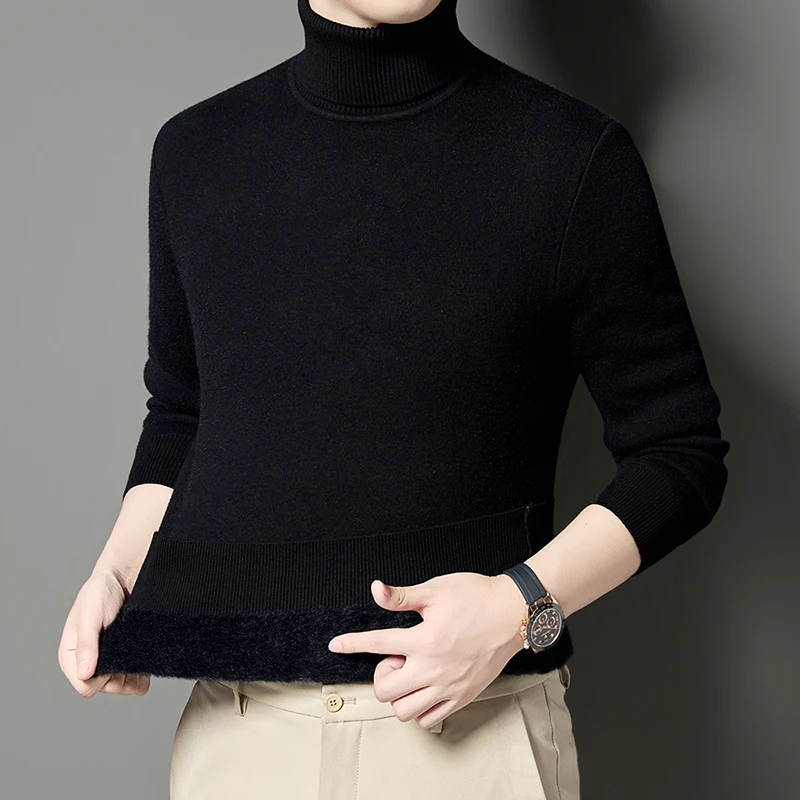 High neck sweater men's winter new style with added fleece and thick wool sweater for warmth, inner layer and base knit sweater