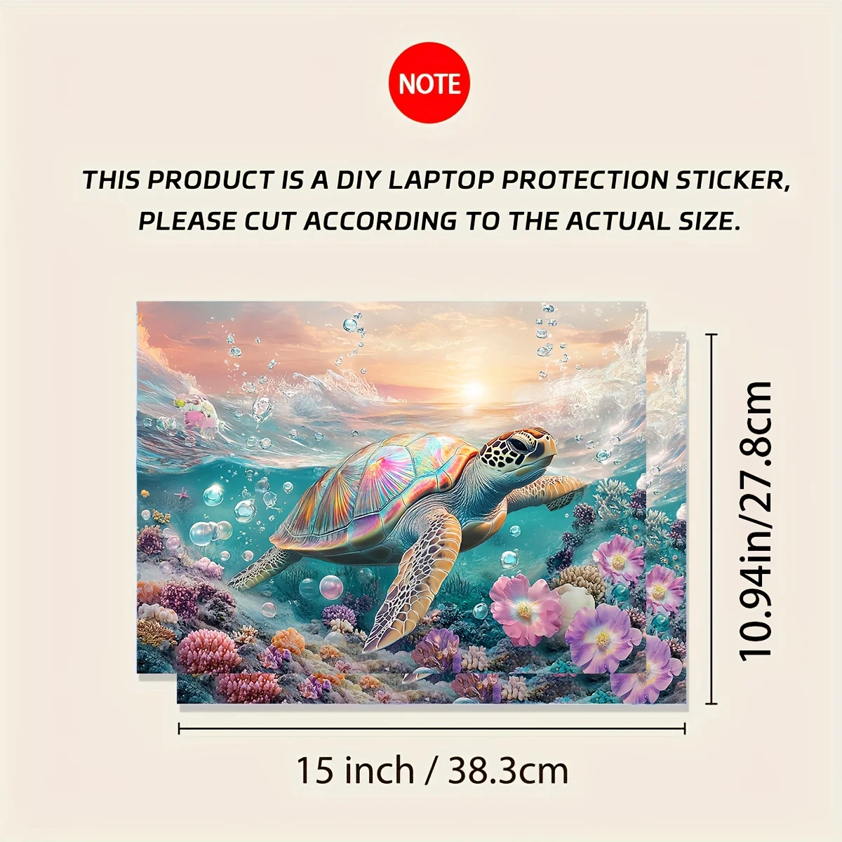 2-Piece Turtle Style Laptop Art Decal Case, Universal Netbook Light Beige Sticker Non-Reusable Venue Laptop Light Beige Sticker