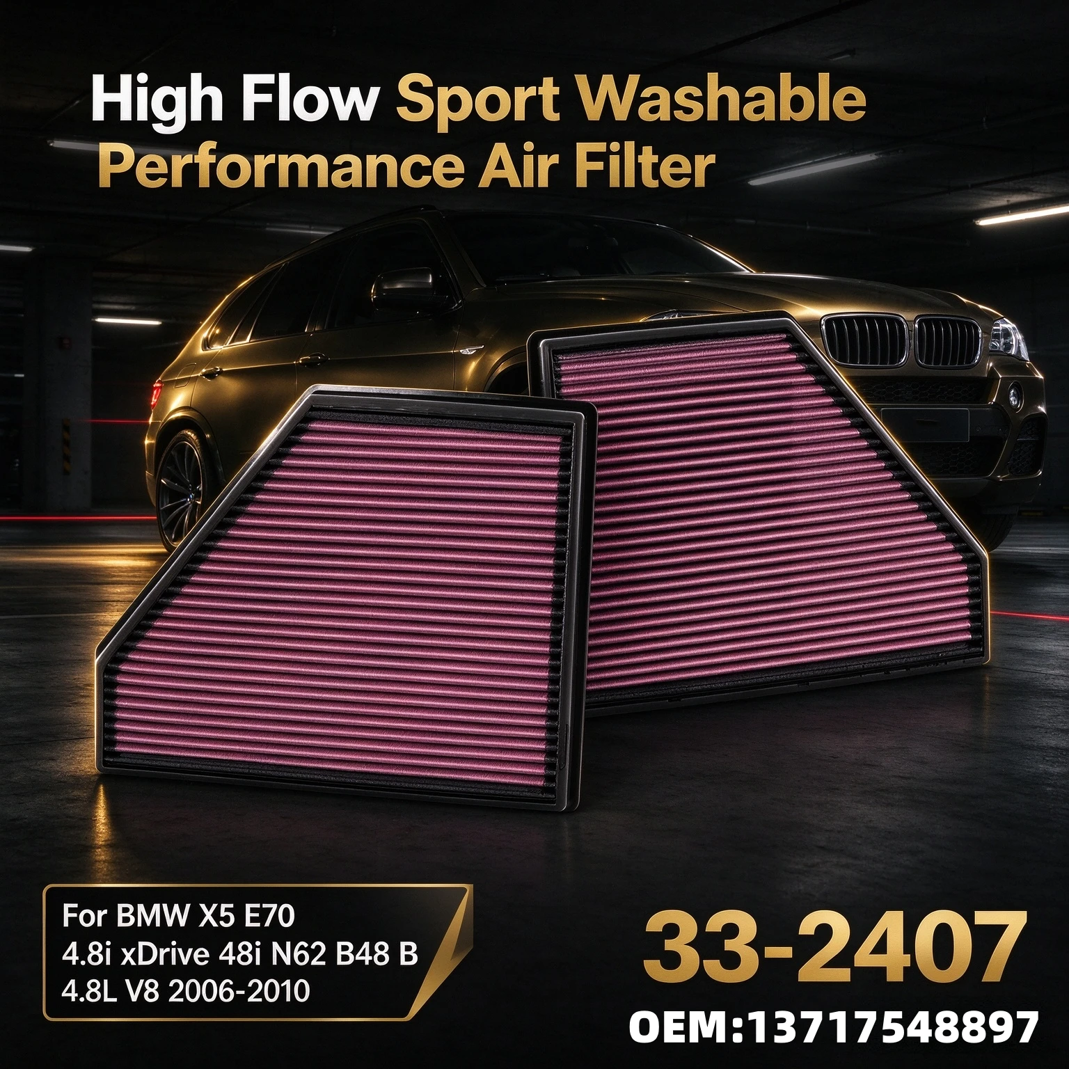 High Flow Sport Washable Performance Air Filter For BMW X5 E70 4.8i xDrive 48i N62 B48 B 4.8L V8 2006-2010 33-2407 13717548897