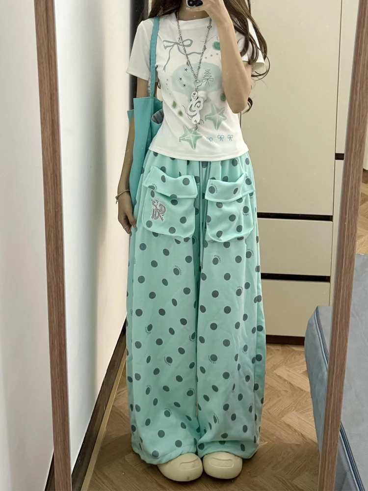 

Mint Green Polka Dot Wide Leg Pants Women's Summer Casual Loose High Waist Straight Cut Trousers with Big Pockets