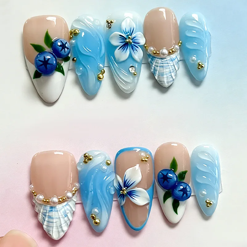 

24pcs Almond French Pearl Press on Nails 3D Flower Blueberry Fake Nails with Blue Gradient Reusable Full Cover False Nails Tips