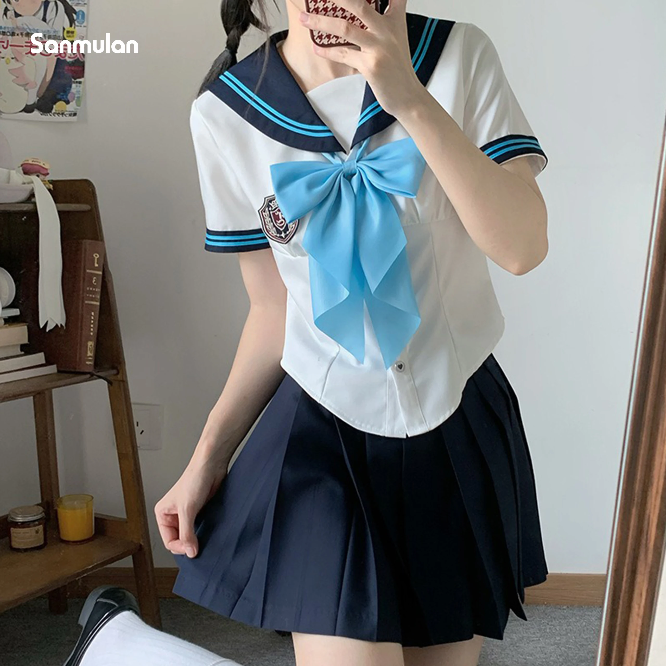 

Japanese JK Uniform Sailor Outfits Preppy Style Blue and White Mixed Color Stripe Short Sleeves Top Pleated Skirt Suit For Girls