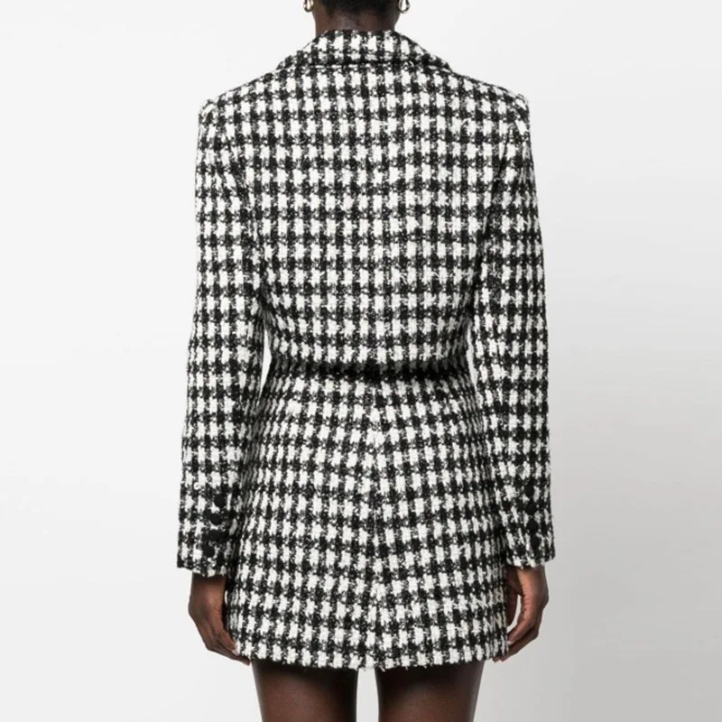 High End Suit Dress with Backless for Women 2025 New Party Long Sleeved Houndstooth Coarse Woolen Dress