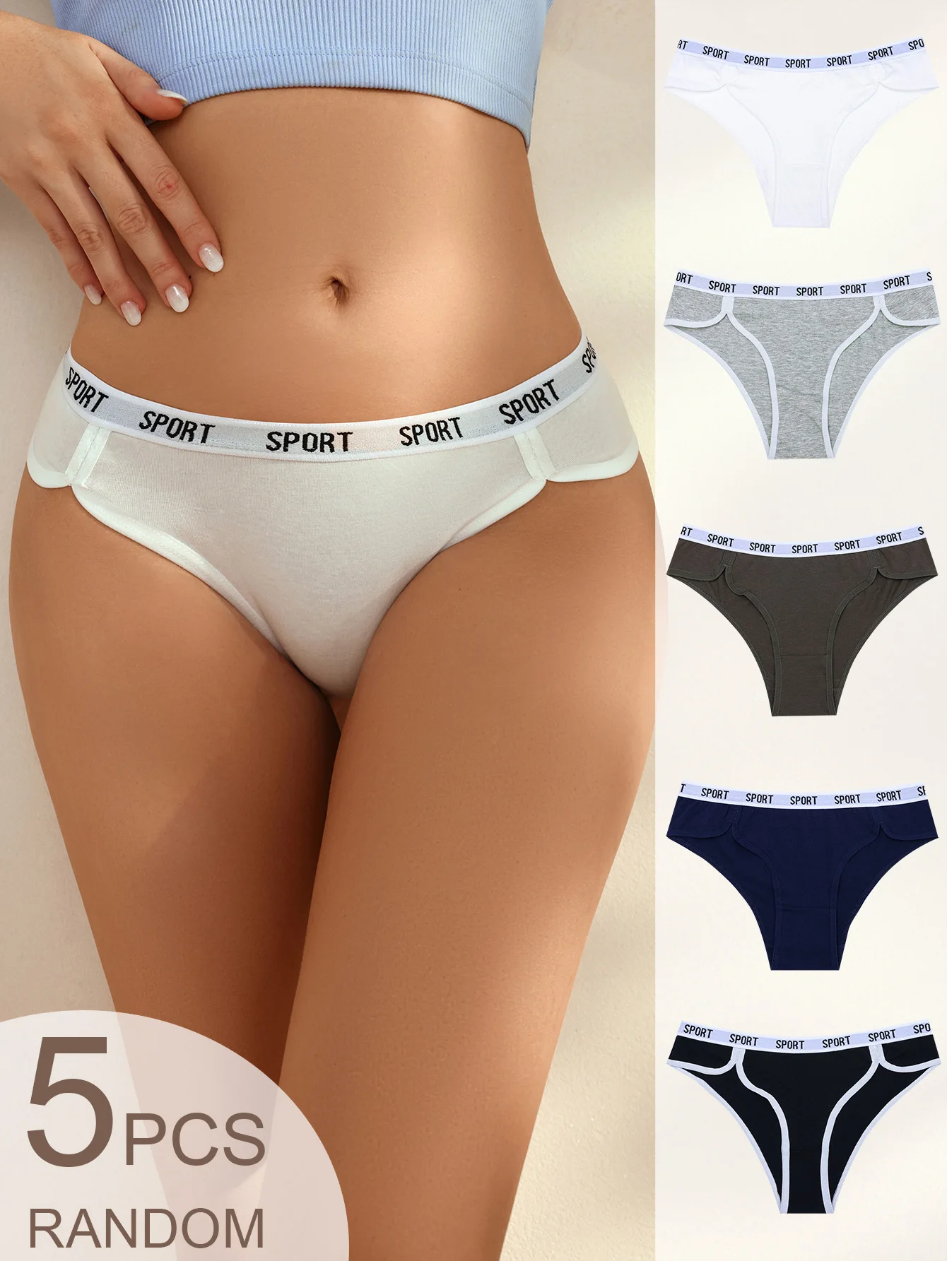 5-pack random color SPORT letter webbing waist and head collision color edge underwear for women's home, resistant to dirt