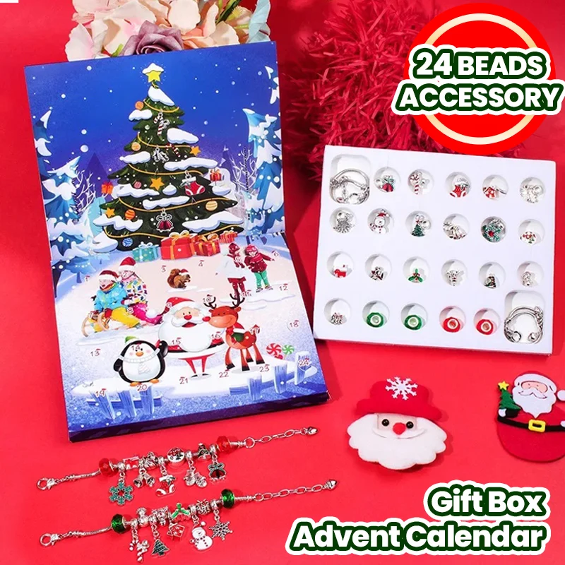 

Advent Calendar Christmas Gifts Blind Box Diy Beads Accessory Snowman Santa Claus Bracelet Countdown Box for Girls Gifts
