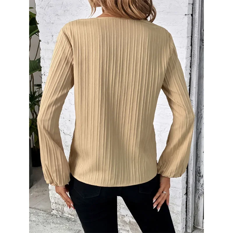 Fashionable and Versatile Temperament Women's Clothing Autumn and Winter New Stripe V-neck Long Sleeved Solid Color Pullover