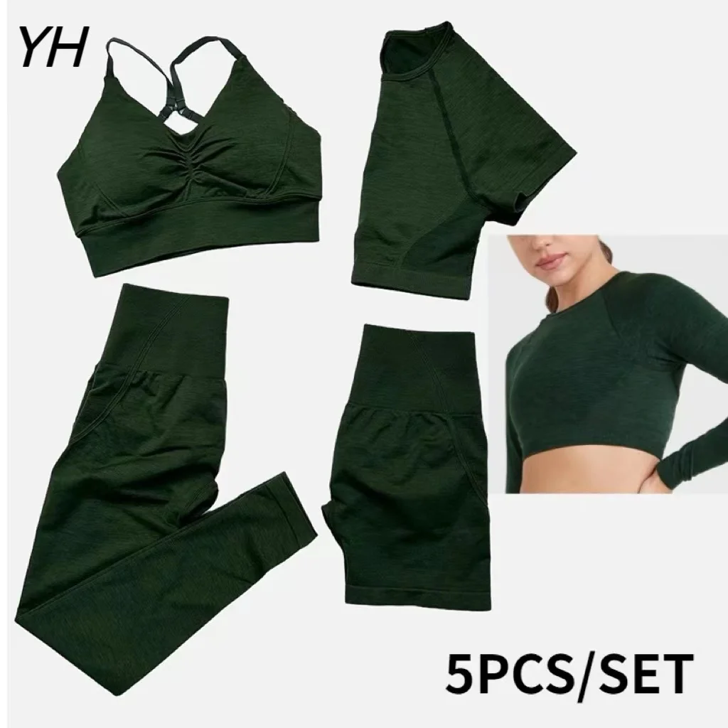 5pcs Effortless Yoga Set For Women Crop Top  Long sleeve Yoga Shorts Workout GYM Legging Sportswear Sports Suits Fitness Set