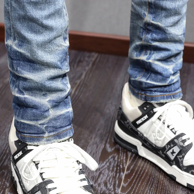 Designer High Street Fashion Men's Light Blue Jeans Retro Stretch Slim Fit Patched Jeans Men's Hip Hop Brand High Quality Light