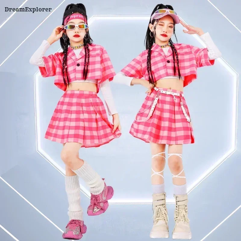 Girls K-pop Crop Top Plaid Shirt Street Dance Skirts Jazz Costumes Kids Hip Hop Summer Clothes Sets Children Sweet Streetwear