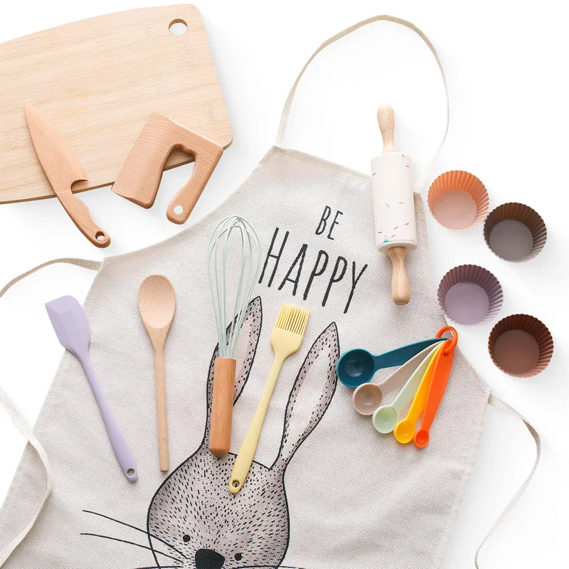

Montessori Kitchen Roleplay Toy Kit Wooden Silicone Cooking Utensils Apron Rollingpin Measuring Spoons For Toddlers Sensory Play