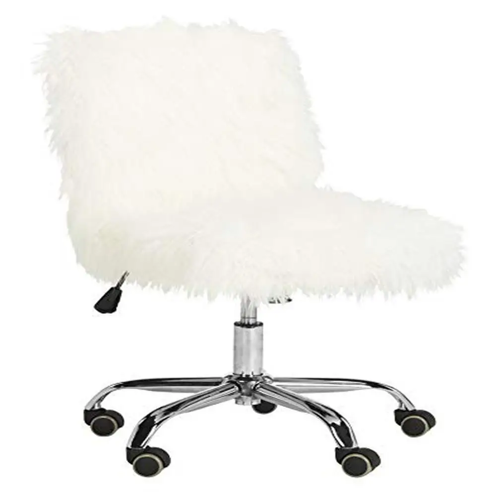 Swivel Office Chair White Faux Sheepskin Chrome Leg Metal Fabric Upholstered Chic Modern Furniture Home Decor Study Den Library